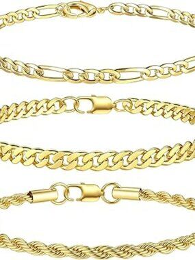 NEW 3 Pcs Gold Chain Bracelets Stainless Steel Figaro Rope Cuban Link Unisex 6.5